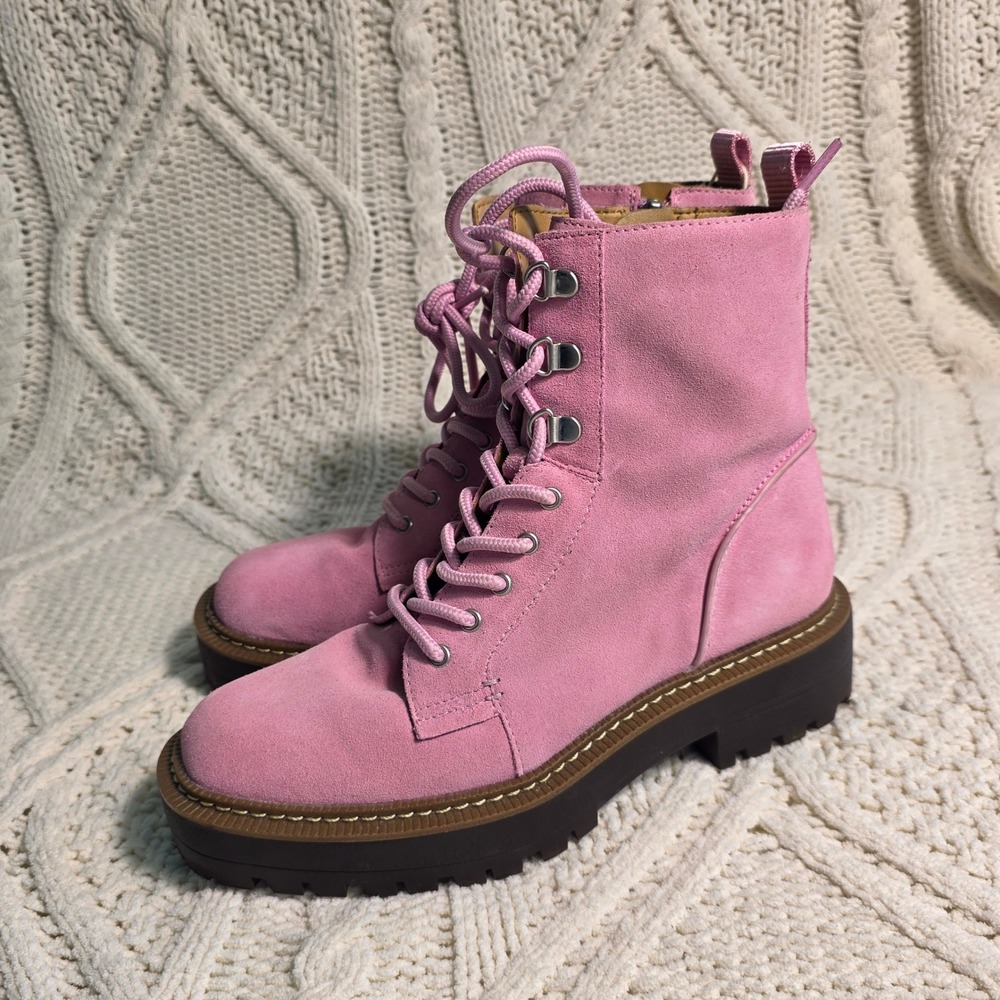 Sam Edelman Combat Boots Pink Suede Moto Biker Lug Sole Women 6.5 Excellent